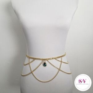 Gold Chain Belt with Green Gemstone